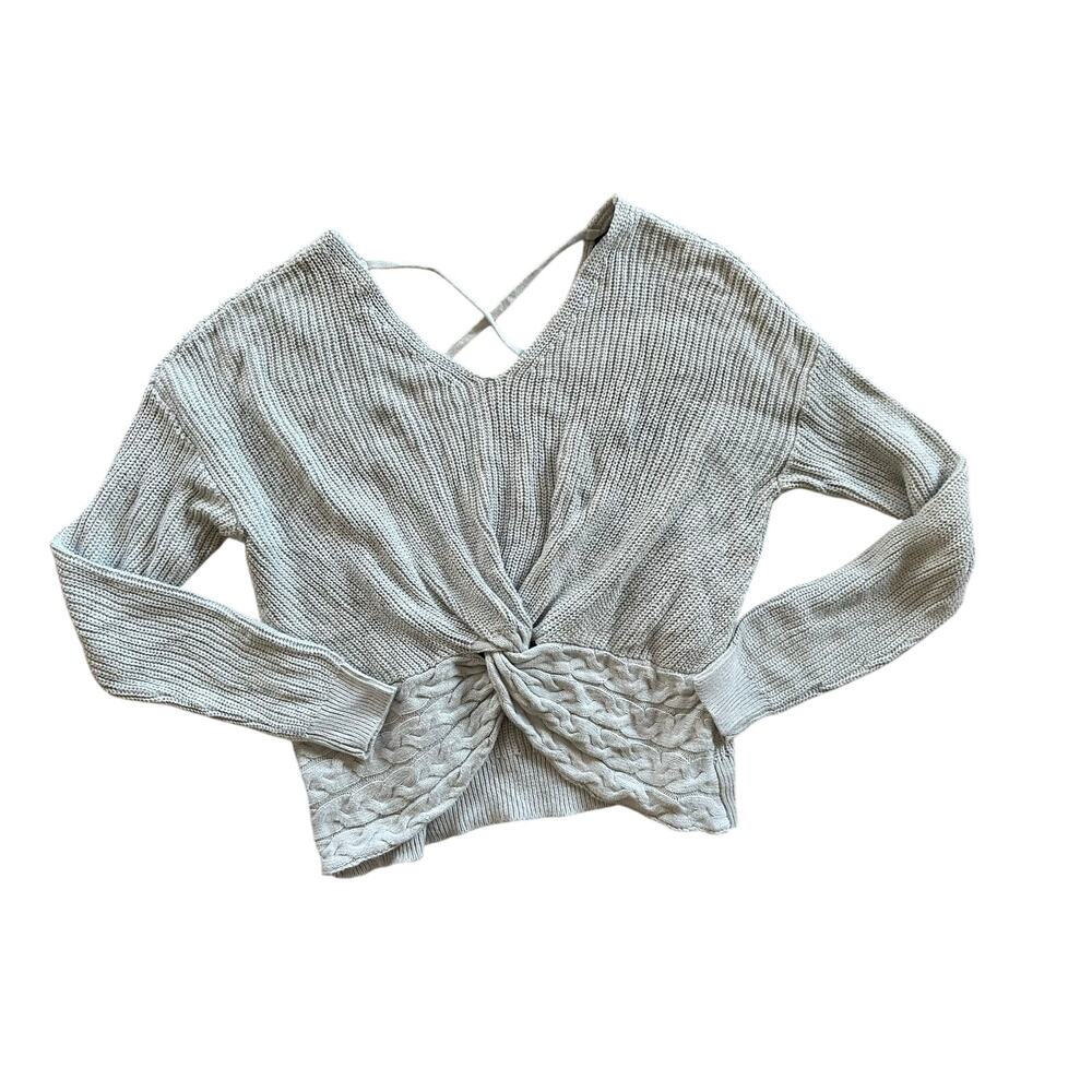 Express S Grey sweater long sleeve faux wrap blouse twist front top strappy back